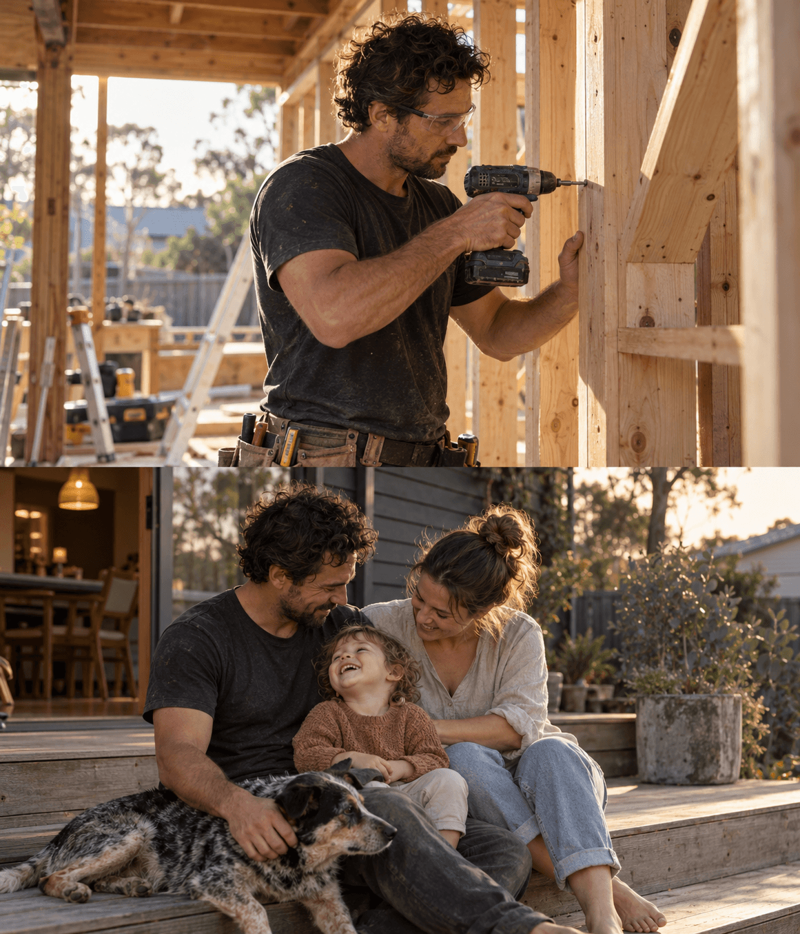 Illustrative scenes of a carpenter focused on a timber renovation, then enjoying time with his family at home